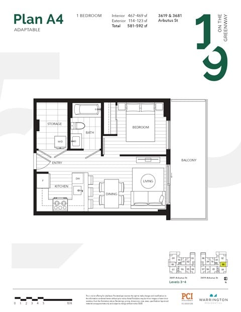 Floor plan for 1 bed, 1 bath, 467 sqft